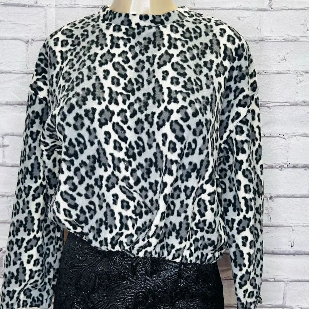 Abound Womens Black Giada Leopard Print Gather Waist Fleece Sweater Top XS